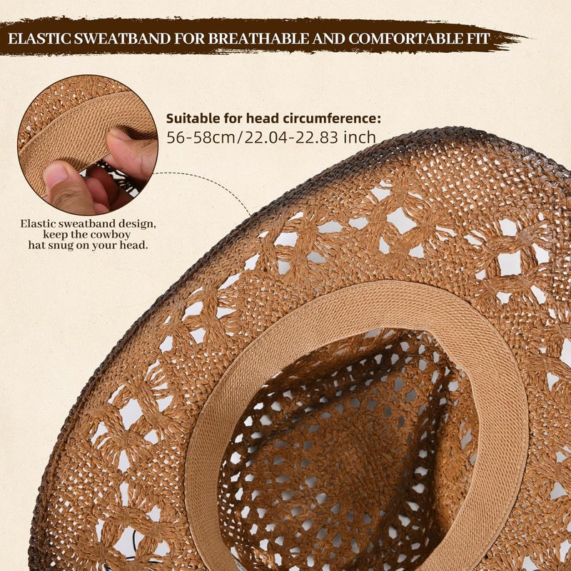Willheoy Straw Cowboy Hat for Men Womens Straw Cowgirl Hat Summer Western Cowboy Hats with Wide Brim for Cowgirls and Cowboys - Image 4